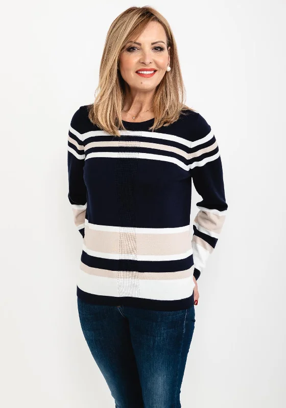 Micha Stripe Pattern Sweater, Navy & Sand Stylish Fashionable Trendy