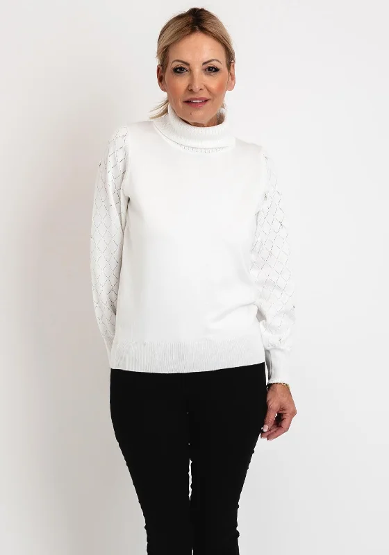 Micha Roll Neck Embellished Sleeve Knit Sweater, White Knit Fabric Woven Fabric Fleece Fabric