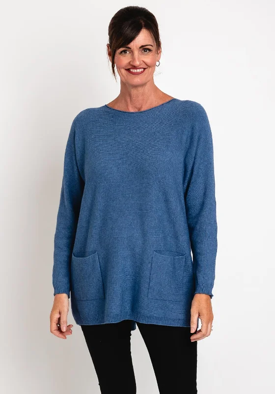 Natalia Collection One Size Fine Knit Relaxed Sweater, Denim Transparent Opaque Sheer