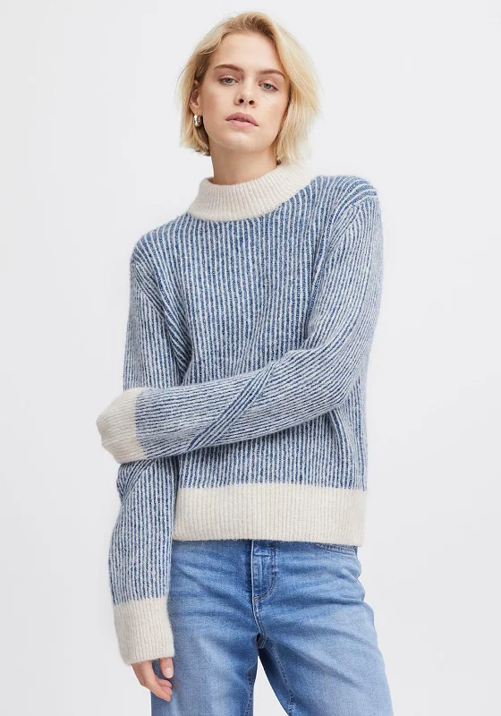 Ichi Kamara Striped Funnel Neck Knitted Sweater, Navy & Beige High Neck Crew Neck V-Neck