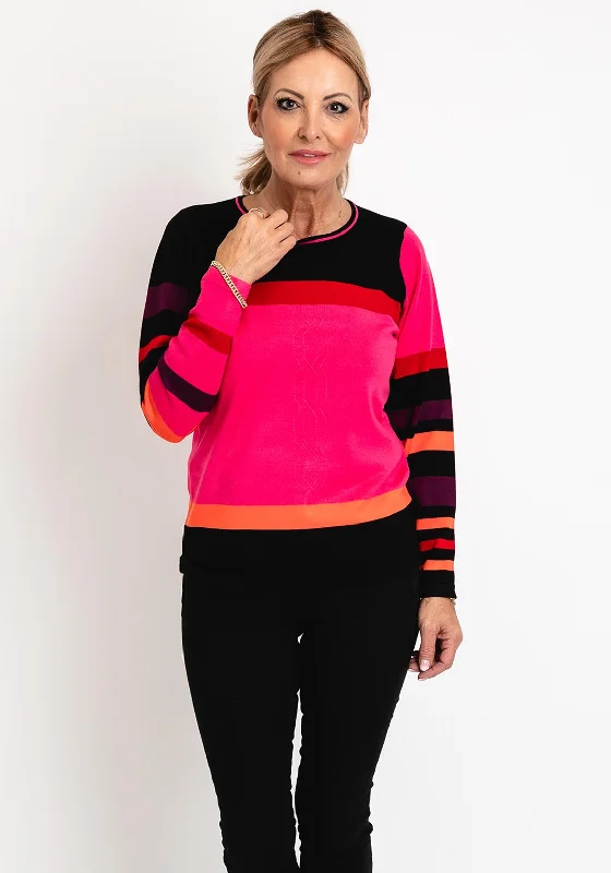 Micha Round Neck Stripe Knit Sweater, Pink Front Pockets Side Pockets Patch Pockets