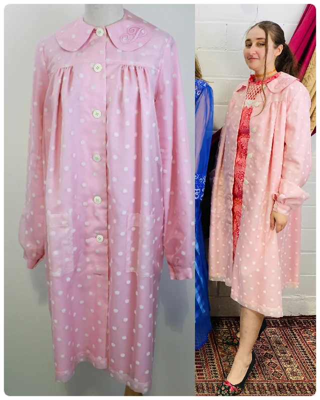 1960s-Style Pink Flower Shop Coat, Pinky's Uniform from Hairspray, Movie Costume, Embroidered P Initial Collared Crew Neck Turtle Neck