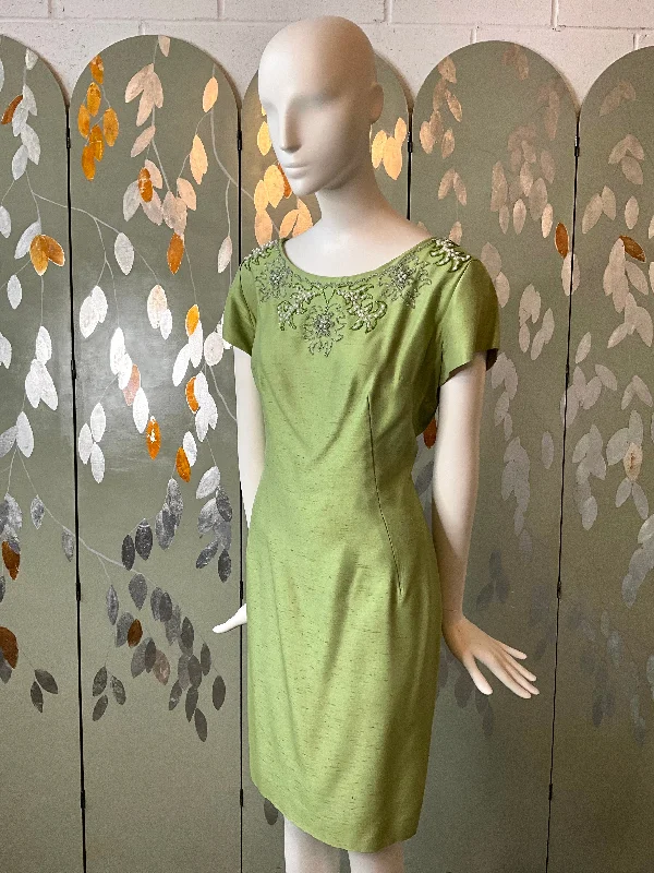 Vintage 1960s Green Silk Beaded Sheath Dress and Topper Coat Set, L Cotton Linen Terry