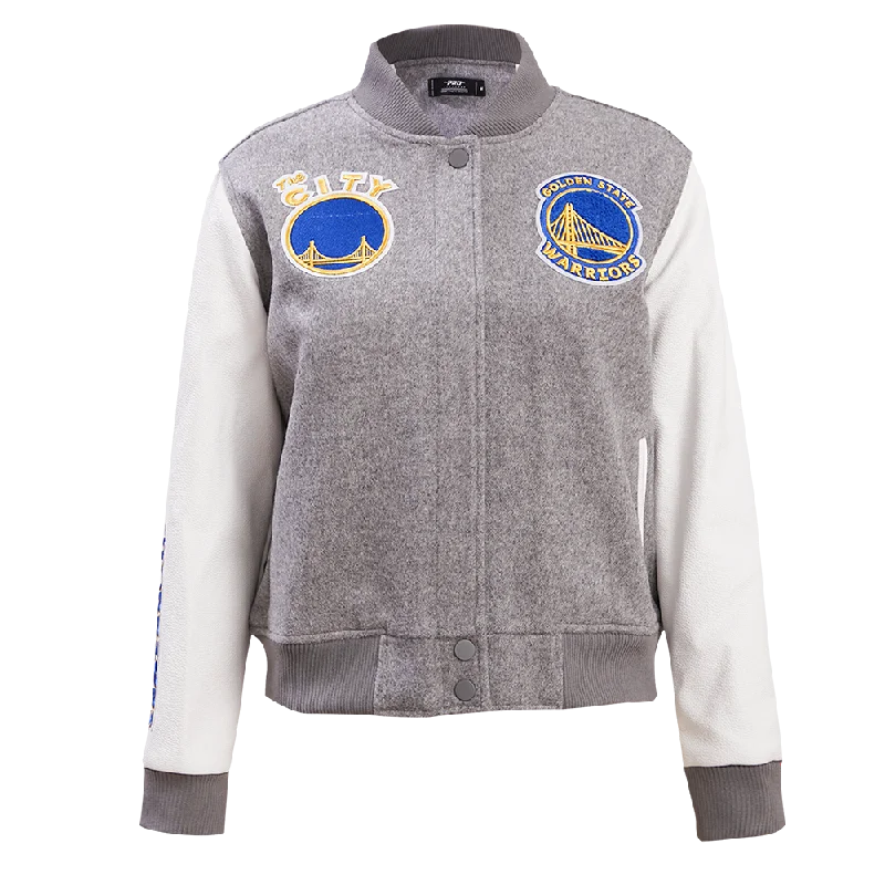 NBA GOLDEN STATE WARRIORS CLASSIC WOOL WOMEN'S VARSITY JACKET (HEATHER GREY/WHITE) Knit Fabric Woven Fabric Fleece Fabric