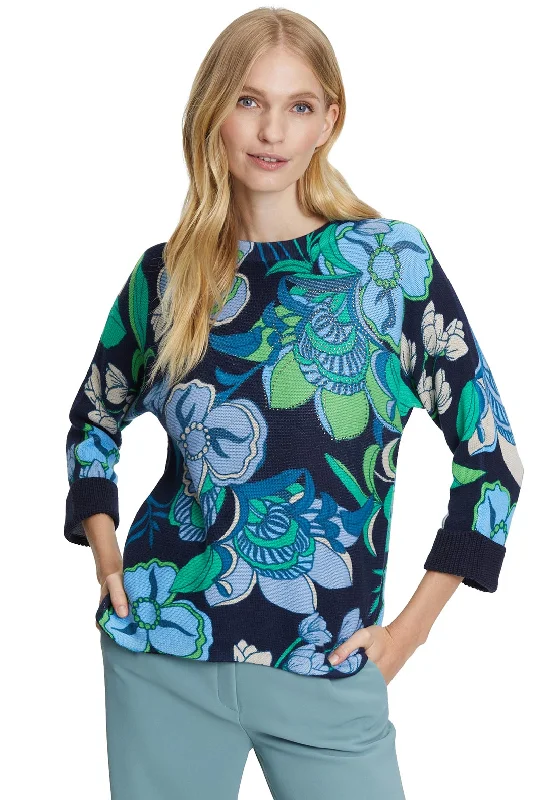 Betty Barclay Floral & Rhinestone Jumper, Navy Multi Handmade Hand-knitted Hand-woven