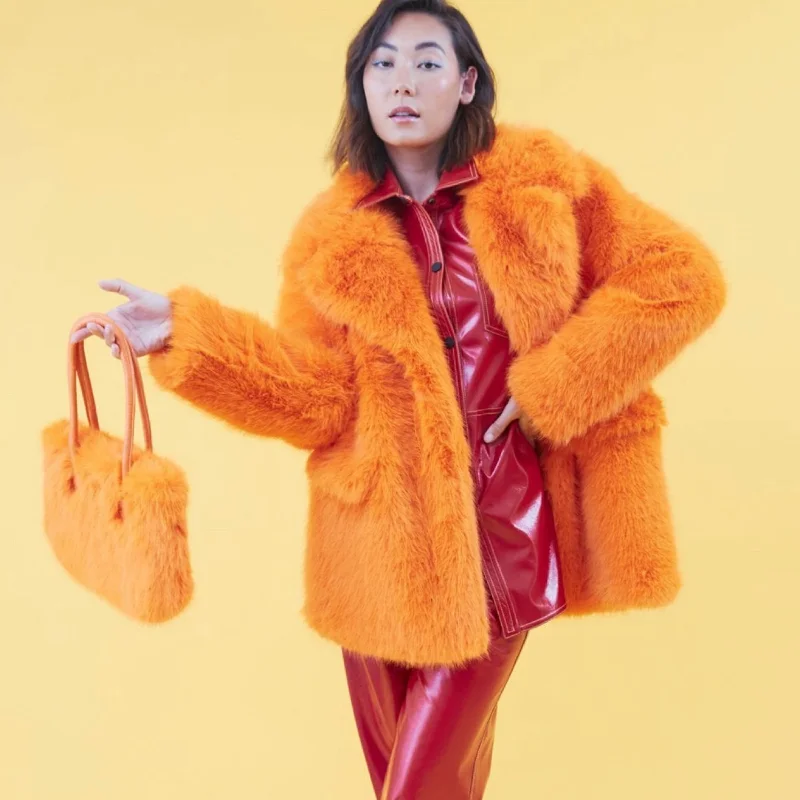 Faux Fur Orange Midi Coat Asymmetrical Collar Hooded Zippered