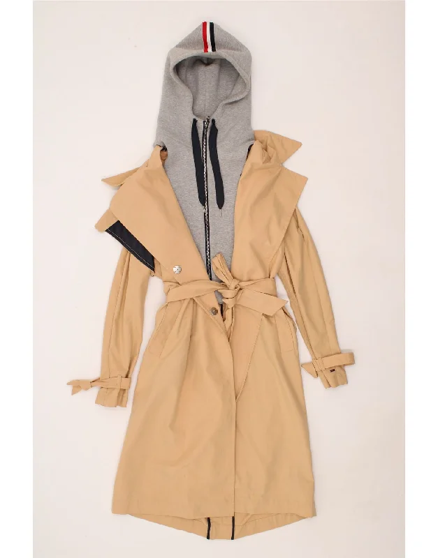 TOMMY HILFIGER Womens Hooded Trench Coat UK 14 Large Beige Asymmetrical Collar Hooded Zippered