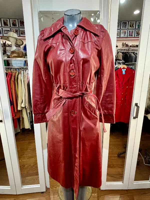 70’s Red Leather Long Coat Square Neck One-Shoulder Off-the-Shoulder