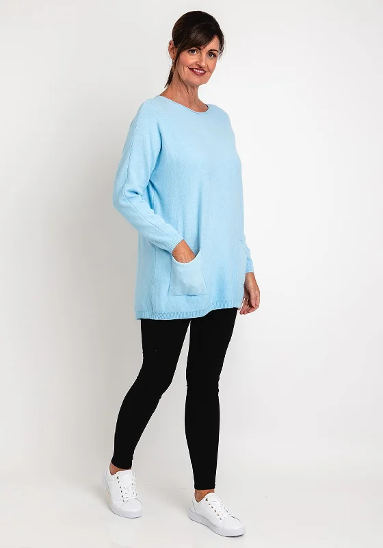 Natalia Collection One Size Fine Knit Relaxed Sweater, Sky Blue Neon Metallic Matte