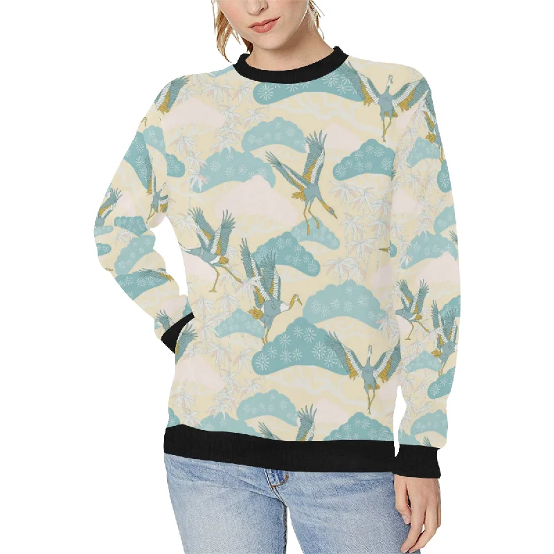 Bonsai bamboo stork japanese pattern cream theme Women's Crew Neck Sweatshirt Hoodie with Turtle Neck Cozy Winter