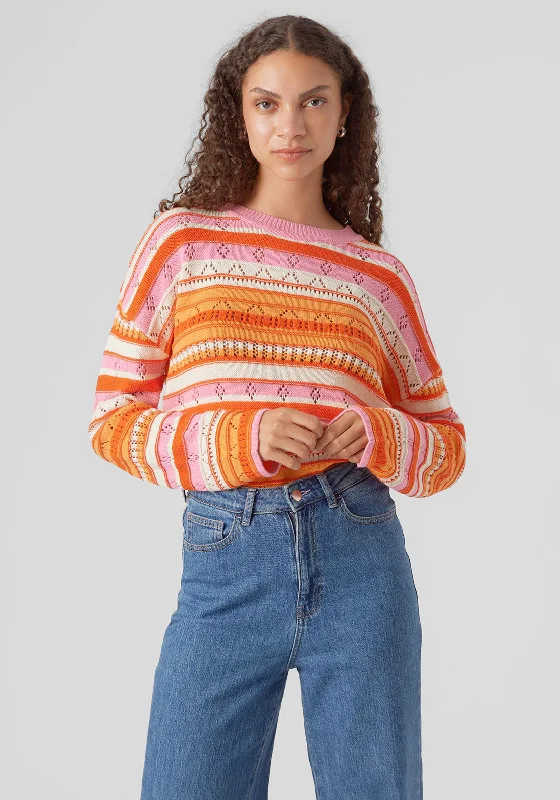 Vero Moda Sena Cut-Out Print Fine Knit Jumpers, Pink & Orange Cotton Fabric Linen Fabric Terry Fabric