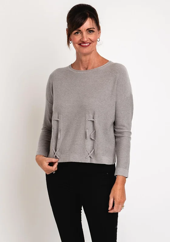 Natalia Collection Draw String Sweater, Taupe Solid Print Embellished