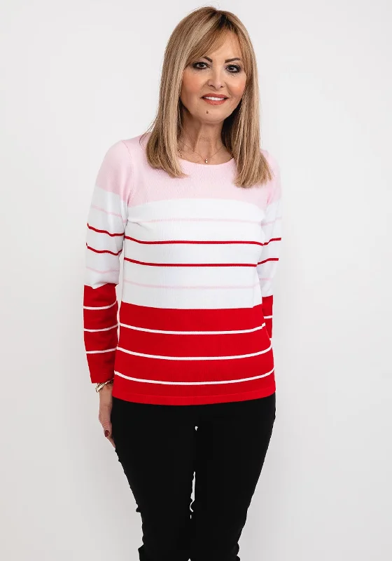 Micha Striped Fine Knit Sweater, Pink & Red Hooded Sweater Collared Sweater Shawl Collar