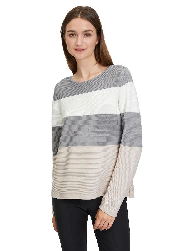 Betty Barclay Fine Knit Stripe Jumper, Grey & Beige Stretchy Elastic Breathable