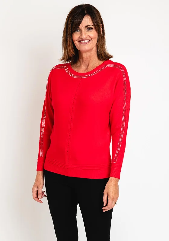 Natalia Collection Embellished Trim Sweater, Red Print Jacquard Patchwork