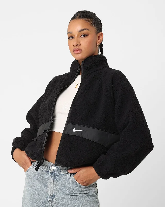 Nike Women's Sportswear Sherpa Jacket Black/Black/White Faux Fur Fabric Real Fur Fabric Shearling Fabric