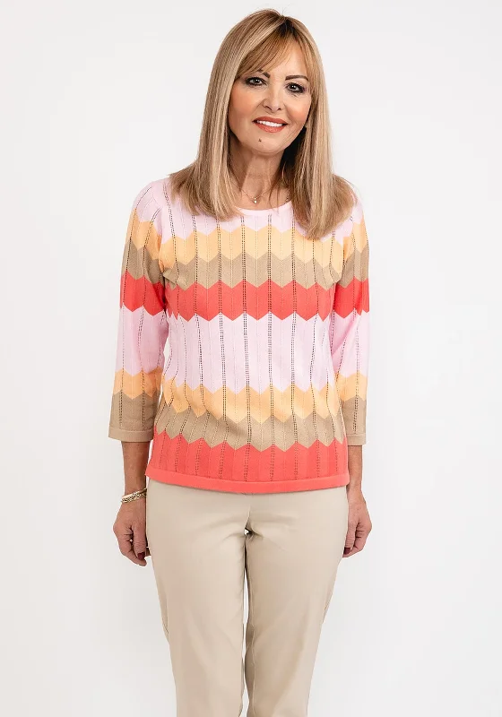 Micha Track Line Pattern Sweater, Pink Multi High Neck Crew Neck V-Neck