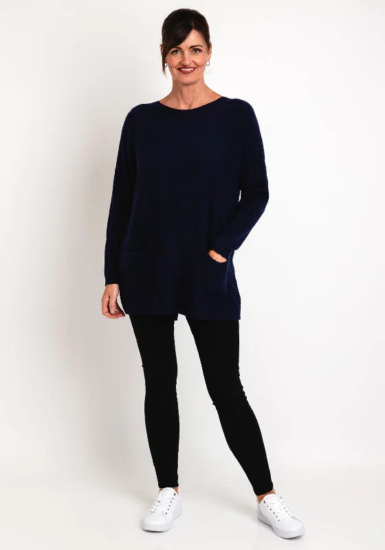 Natalia Collection One Size Fine Knit Relaxed Sweater, Navy Thin Thick Dense