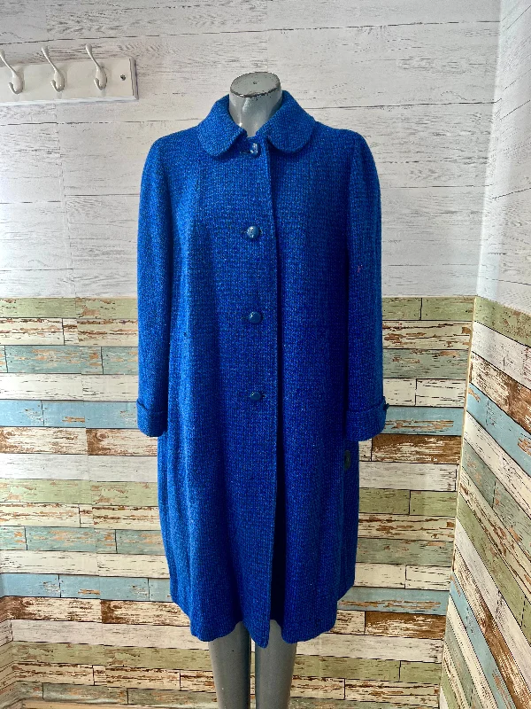 60’s Royal Blue Peter Pan Collar Wool Coat By Harris Tweed Pleated Ruffled tiered