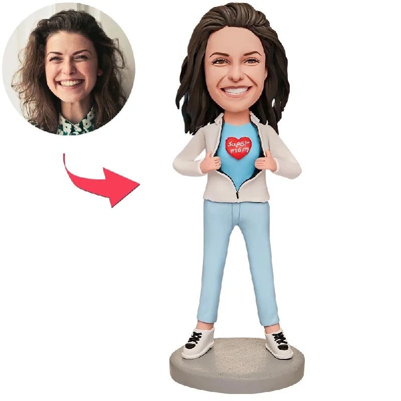 Super Mom in White Coat Custom Bobblehead with Engraved Text Mesh Canvas Denim