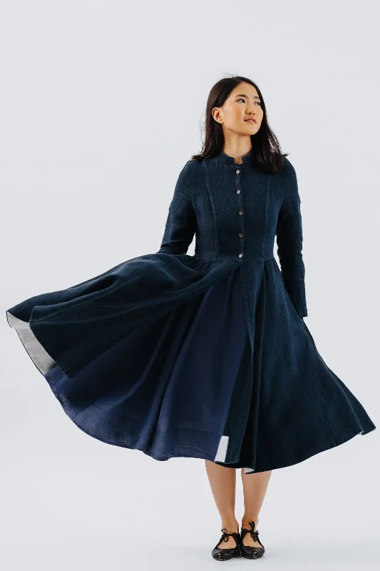 Victorian Coat, Twill Linen, Night Navy Denim Leather Suede