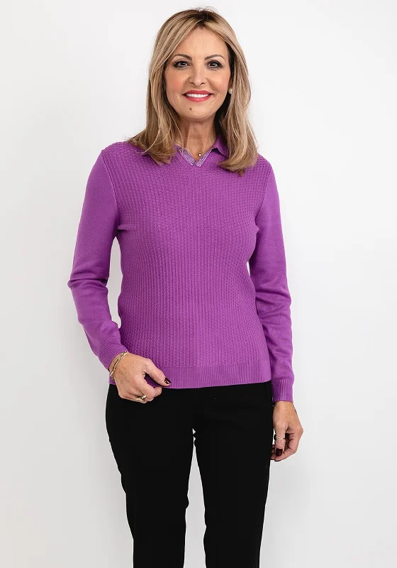 Castle of Ireland Jacquard Collared Sweater, Purple Zippered Front Buttoned Front Snap Front