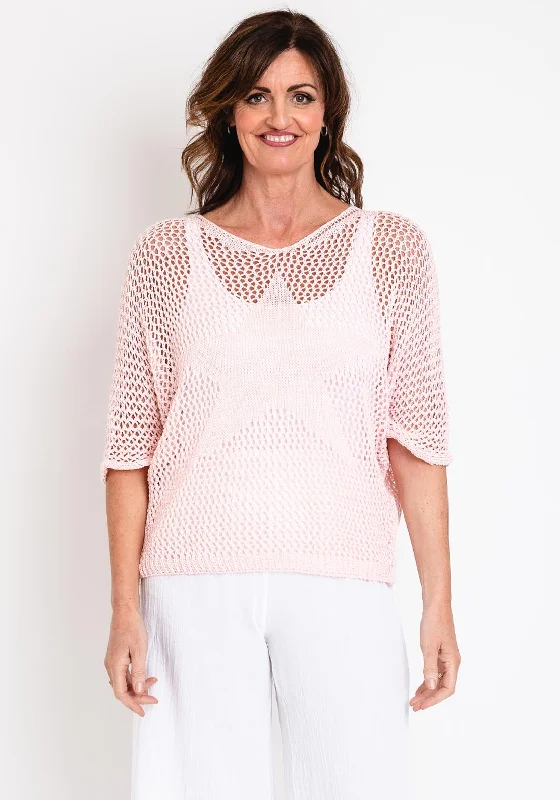 Serafina Collection One Size Crochet Knit Sweater, Pale Pink Spandex Rayon Corduroy