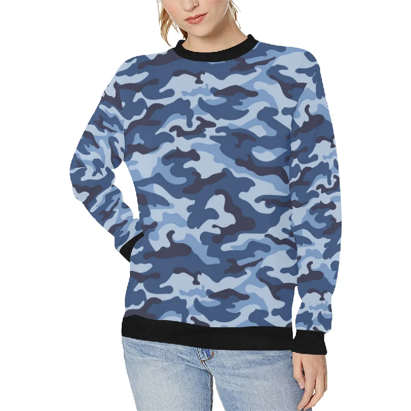 Blue camouflage pattern Women's Crew Neck Sweatshirt Hoodie with Drawstring Waist Adjustable Fitted