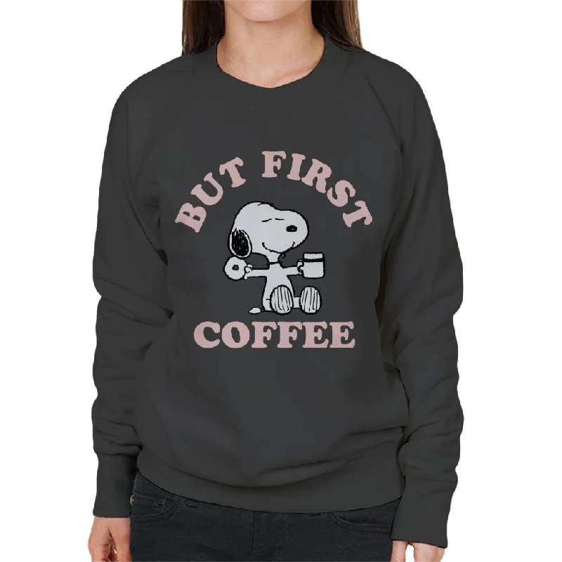 Peanuts But First Coffee Snoopy Women's Sweatshirt Hoodie with Distressed Vintage Worn