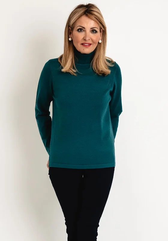 Natalia Collection Roll Neck Knit Sweater, Petrol Green Turtle Neck Boat Neck Asymmetrical Neck