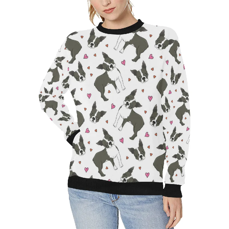 Boston terrier dog hearts vector pattern Women's Crew Neck Sweatshirt Hoodie with Strings Custom Fit Adjustable