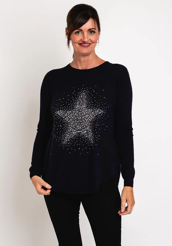 Natalia Collection One Size Fine Knit Star Print Sweater, Navy Embroidered Appliqued Beaded