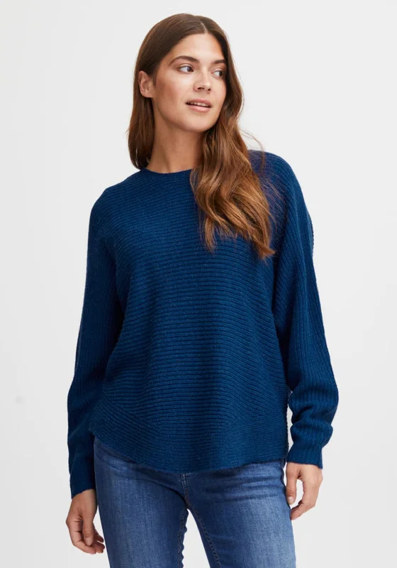 Fransa Ribbed Knit Loose Jumper, Blue Stylish Fashionable Trendy