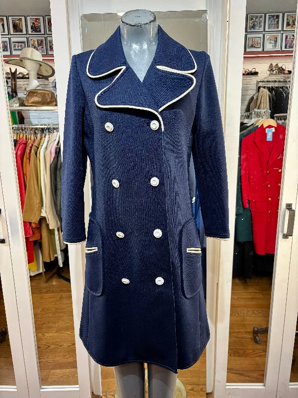 60’s Navy Double Breasted Coat With White Stitch Trim Collar By Butte Knit Pockets Sleeves Lining