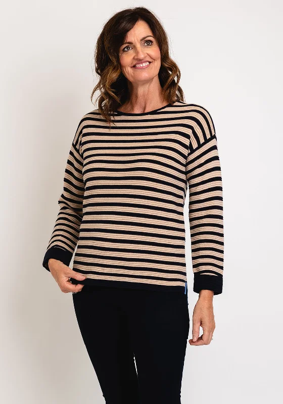 White Stuff Jana Striped Rib Jumper, Navy & Beige Collared Crew Neck Turtle Neck