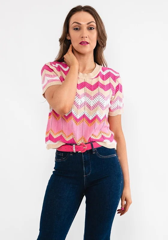 Seventy1 One Size Zig Zag Sweater, Pink Multi Zippered Buttoned Snapped