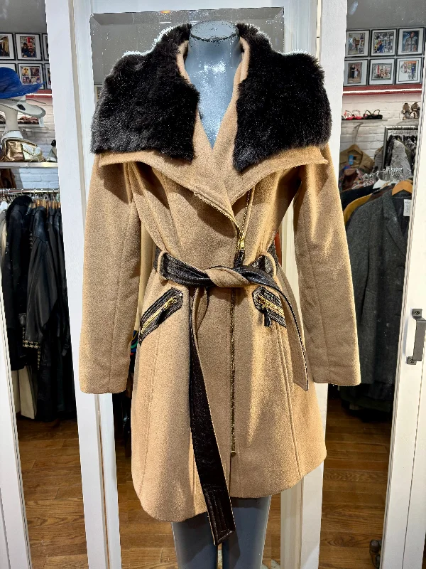 00’s Beige & Brown Faux Fur Collar Belted Coat By Via Spiga Hooded Jacket Zipper Jacket Button Jacket