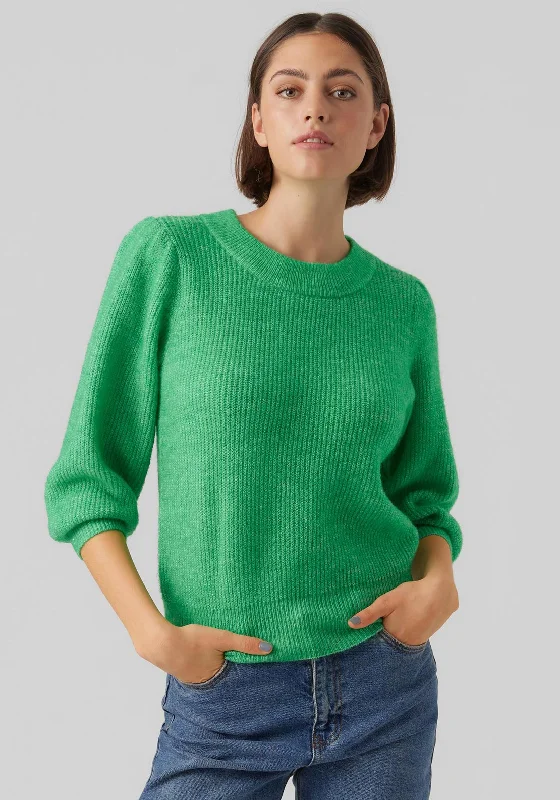 Vero Moda Three Quarter Sleeve Jumper, Bright Green Denim Fabric Leather Fabric Suede Fabric