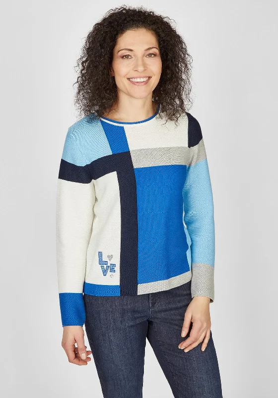 Rabe Modern Colour Block Sweater, Royal Blue Multi Hooded Caped Shawl Collar