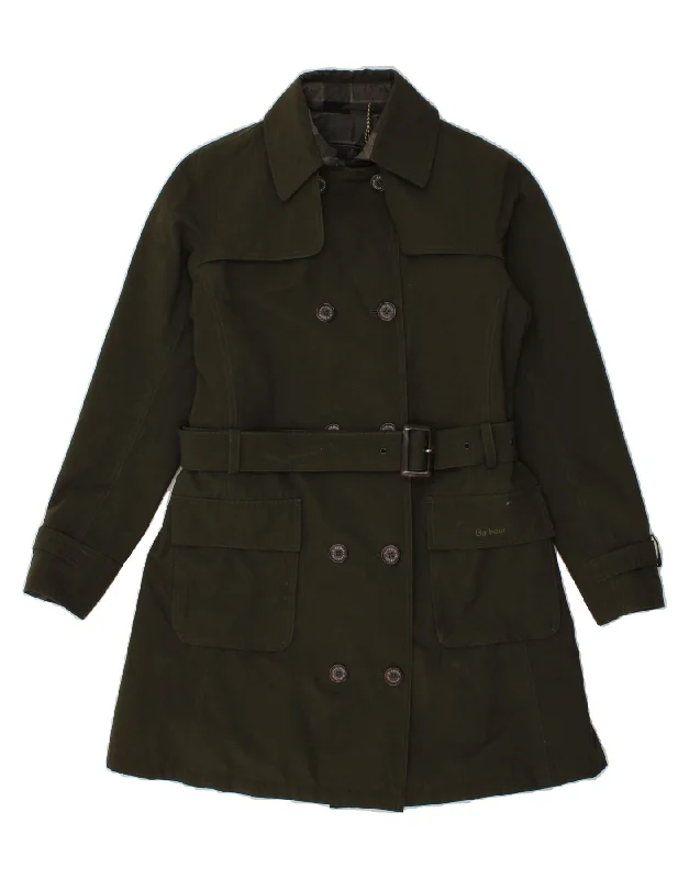 BARBOUR Womens Trench Coat UK 10 Small Green Cotton Lapel Coat Peter Pan Collar Coat Cowl Neck Coat