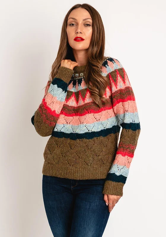 White Stuff Yoke Pattern Knit Jumper, Pink Multi Ribbed Striped Patterned