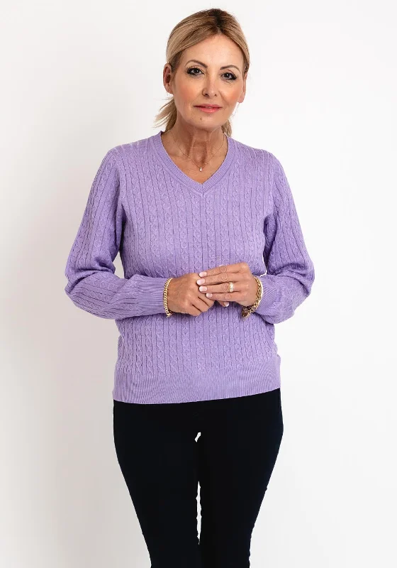 Micha V-Neck Cable Knit Sweater, Lilac Zippered Buttoned Snapped