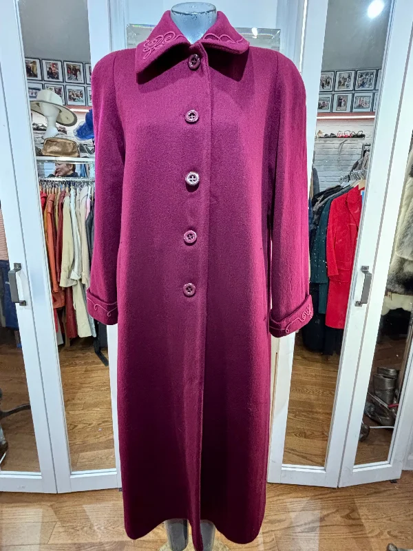 90’s Plum Coat With Embroidery Trim By Alorna Petite Tailored Straight A-Line