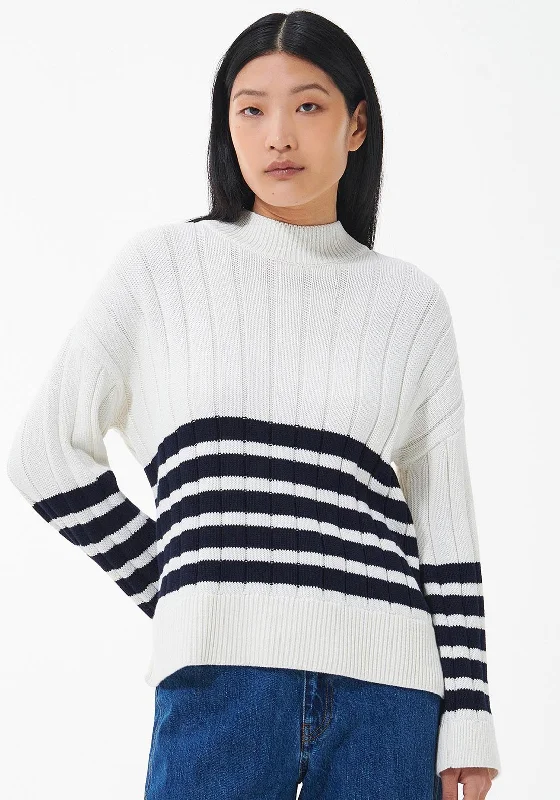 Barbour Womens Aster Knit Jumper, White & Navy Seamless Knitted Crochet