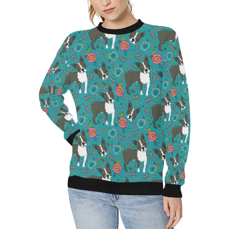 Boston terrier beautiful flower pattern Women's Crew Neck Sweatshirt Hoodie with Zipper Versatile Modern