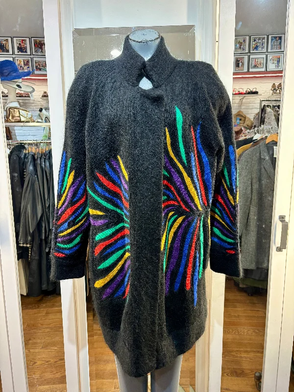 80’s Black Multicolor Knit Print Open Coat By Dero By Rocco D’Amelio Houndstooth Coat Plaid Coat Tartan Coat