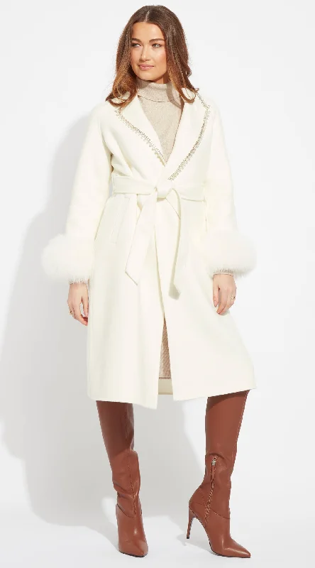 OUTLET Cashmere & Fur Embellished Belted Coat - Milk Turtleneck Wrap Cape