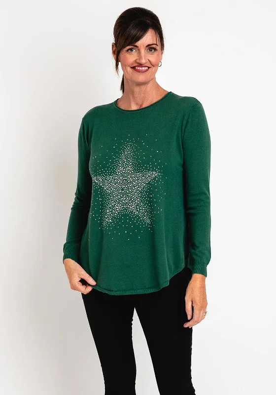 Natalia Collection One Size Fine Knit Star Print Sweater, Green Sequined Glittery Shiny