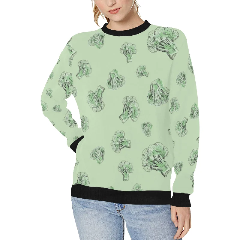 broccoli sketch pattern Women's Crew Neck Sweatshirt Hoodie with Front Slit Layering Stylish