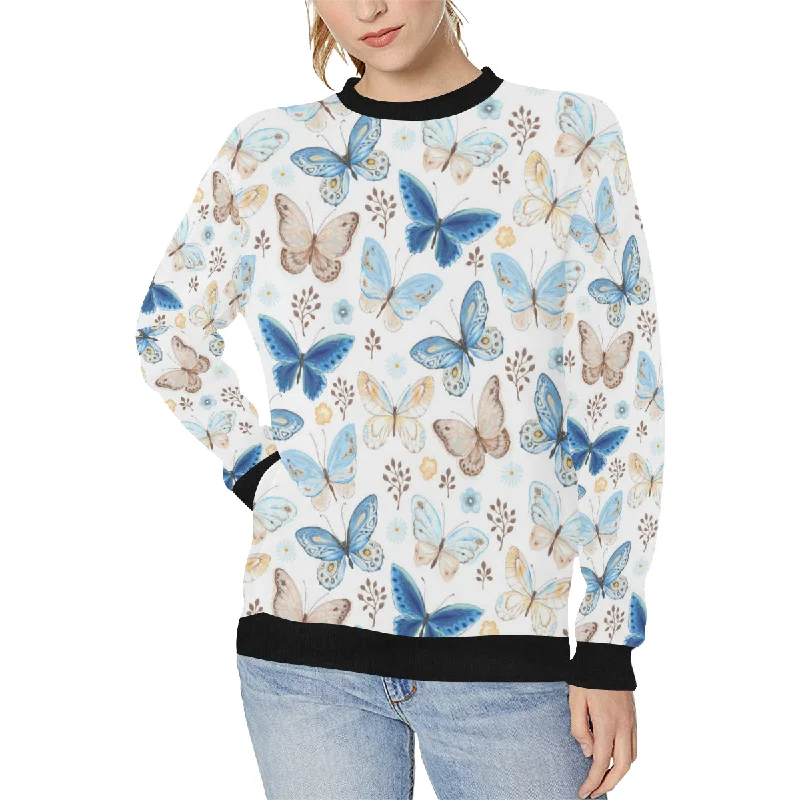 blue butterfly pattern Women's Crew Neck Sweatshirt Hoodie with Hem Elastic Stretchable Comfortable